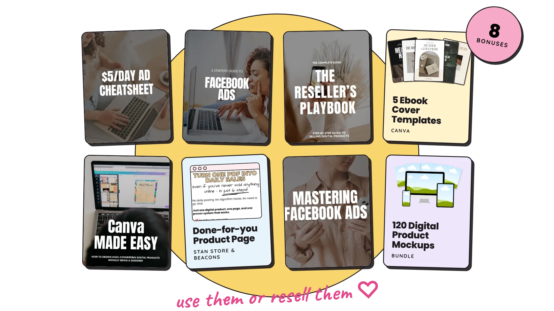 8 bonuses for selling digital products: Facebook ads guides, Canva templates, product page and mockups