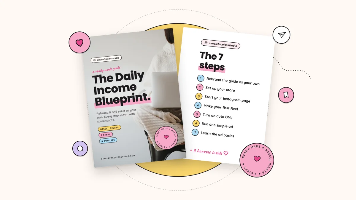 Daily Income Blueprint cover: a ready-made digital product to rebrand and resell, with 7 steps and 8 bonuses