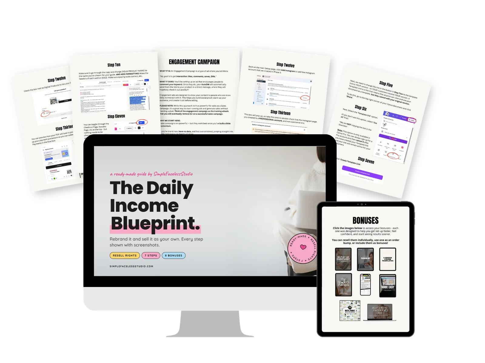 Daily Income Blueprint done-for-you digital product with resell rights, shown on a desktop and tablet