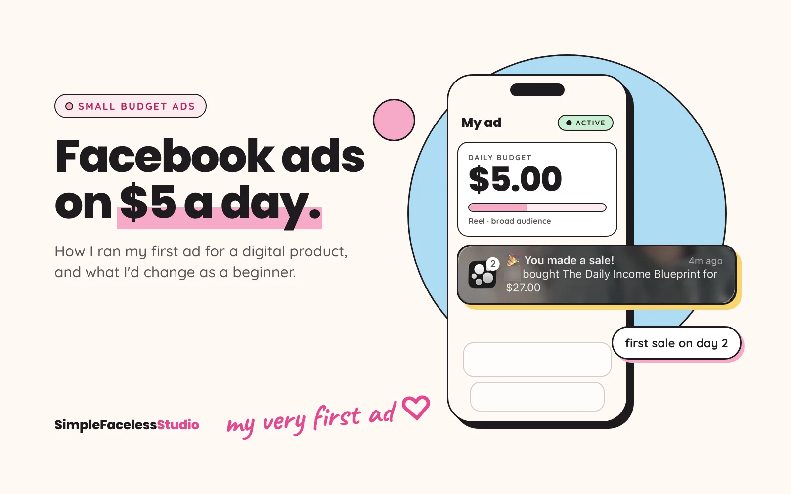 facebook-ads-for-digital-products Facebook ads for digital products: a $5 a day ad budget and a new sale notification on a phone